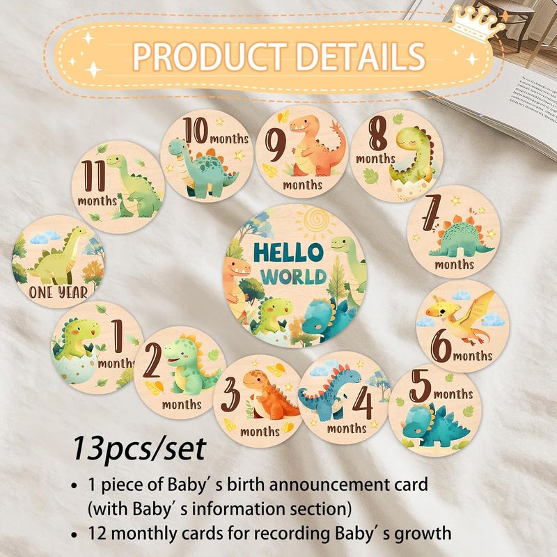 MCIAONE Baby Monthly Milestone Cards Sign - 13Pcs Double Sided Dinosaur Milestone Cards, Dino Pattern Wooden Circles Discs for Photo Props Newborn Announcement Marker, Baby Shower Newborn Sign Card Gift Set - Image 4